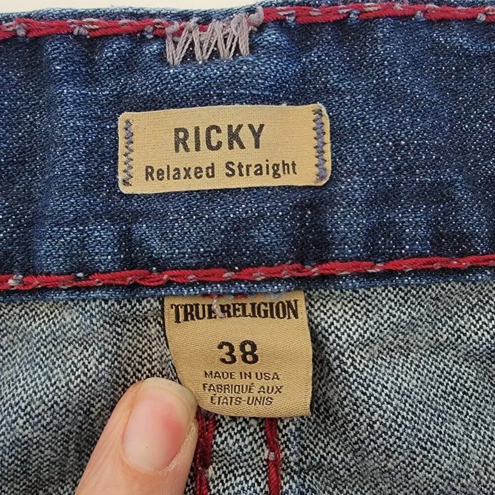 True Religion Ricky Relaxed Straight Leg Jeans Blue Distressed Men Size 38x34
